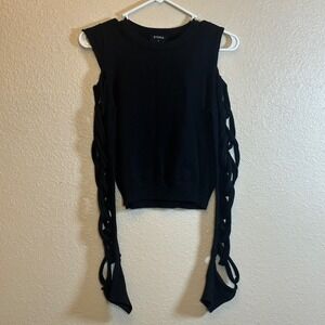 Storia Women's Criss Cross Cut Out Sleeve Round‎ Neck Knit Sweater Tops Black S